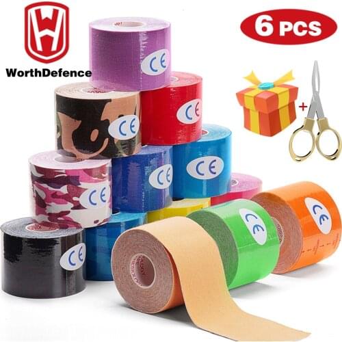 Worthdefence 6Pcs Kinesiology Tape Athletic Recovery Elastic Tapes Gym Fitness Bandage Jiont Support Muscle Pain Relief Knee Pad