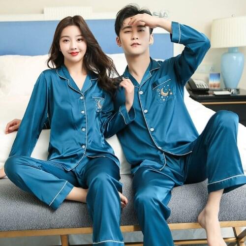 Lovers Satin Pajamas Pyjamas Set Sleepwear Couple Long Sleeve Nightwear Top and Long Pants Pijama suit