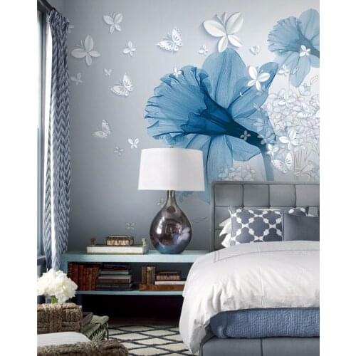 Bacaz Modern Fashion 3D Stereoscopic Blue Flowers Butterfly Photo Wallpaper Living Room Home Interior Decor Wall Mural Wallpaper