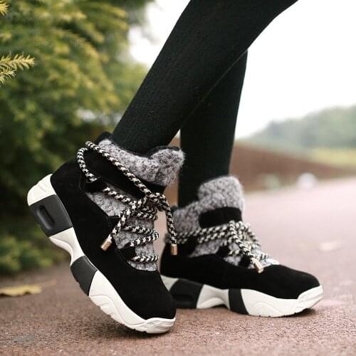 Women Snow Boots Winter Shoes Warm Plush Hidden Heel Ankle Boots Fur Woman Shoes Genuine Leather Ladies Black Winter Boot