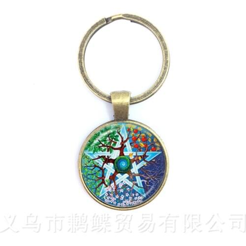 Tree of Life Keychain Pentacle Picture Glass Cabochon Jewelry Keyring Accessories For Men Women Children Pendant