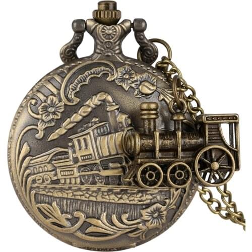 Bronze Quartz Pocket Watch Train Locomotive Engine Necklace Retro Fashion Pendant Chain Jewelry Clock Gifts with Train Accessory