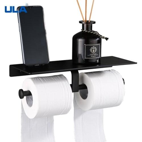 ULA Matte Black Double Paper Holder Wall Mounted Tissue Hanger Phone Rack Toilet Shelf Space Bath Accessories Rack Organizer