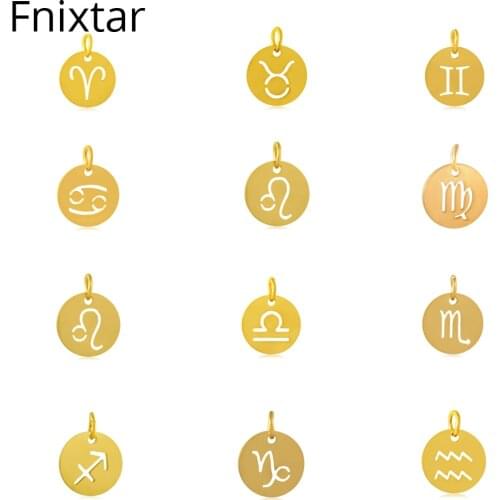 Fnixtar 12mm Stainless Steel Twelve Zodiac Charms DIY Constellation Mini Charms Gold Color Metal Charm Wholesale 12pcs/lot