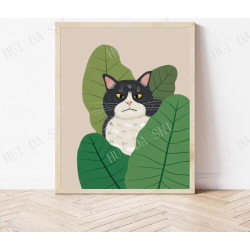 Cat Wall Art, Animal Wall Art, Cat Art, Cat and Plant Art, Plant Art, Bohemian Art, Boho Style, Cat Gift, Animal Print