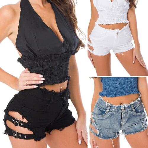 Club Women Ripped Hollow Out Short Jeans Solid Color High Waist Denim Shorts Jeans Solid Color High Waist Denim Shorts Jeans Sol