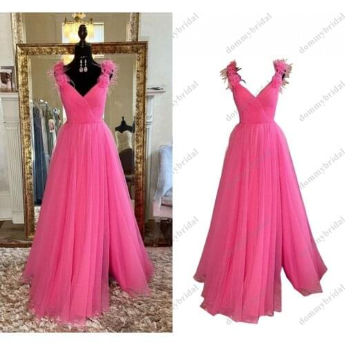 Modern Side Slit V neck Prom Bridesmaid Dresses Tulle Handmade Flowers 2021 Feather Designer Backless Graduation Cocktail Dress