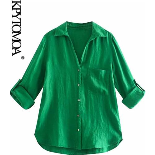 KPYTOMOA Women 2021 Fashion With Pocket Basic Linen Blouses Vintage Long Roll-up Sleeves Side Vents Female Shirts Chic Tops