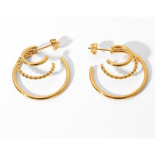 Exaggerated 18K Gold 3 Layered C Shape Big Circle Twist Hoop Earring Stainless Steel Studs Earring For Girls Daily