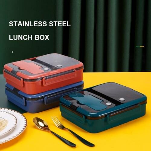 Stainless steel lunch box for kids food storage containers portable bento box with cutlery microwavable japanese snacks food box