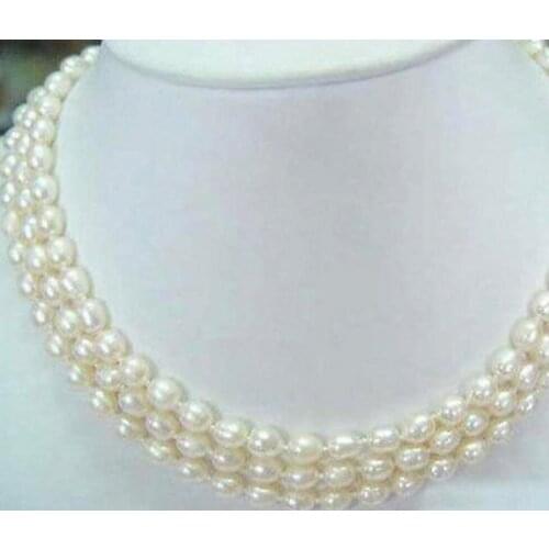 Fashion jewelry Free Shipping Fashion 3Rows 6-7mm White akoya cultured pearl Rice Beads necklace