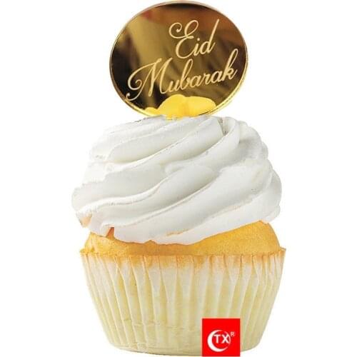 New Eid Mubarak Acrylic Cupcake Topper Gold Ramadan Cake Topper for Hajj Mubarak Cake Decorations Muslim Eid Baking 5cm Circle