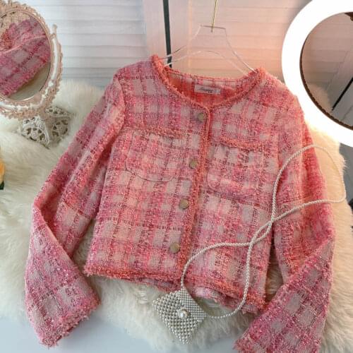 2021 Autumn And Winter Fashion Short Womens Coat Slim Long-Sleeved Plaid Coat Retro Elegant Tassel Single-Breasted Tweed Coat