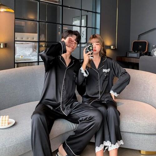 2021 Spring Womens Pajamas Set Luxury Style Lace Fashion Solid Color Sleepwear Silk Like Couple Home Clothes Nightwear for Men