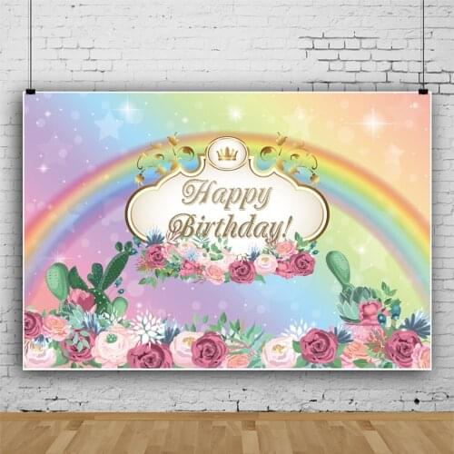 Laeacco Rainbow Backgrounds For Photography Shiny Star Flowers Happy Birthday Party Customized Banner Photo Backdrop Photostudio