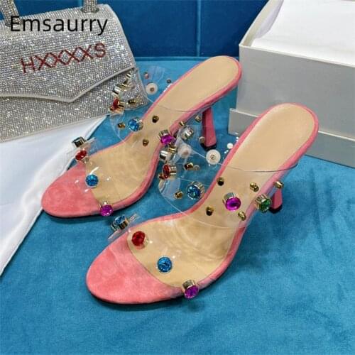 Colorful Rivet Rhinestone Summer Sandals Women Sexy Kitten Heel PVC Transparent Slingbacks Runway Mules For Girls Lady