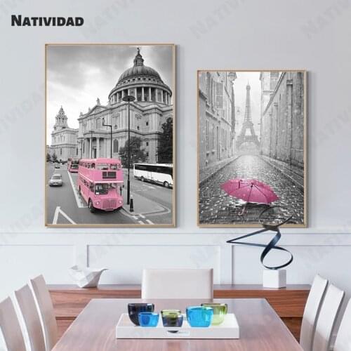Modern Black and White Painting Pink Umbrella Art Photo Print Poster City Art Canvas Painting Living Room Bedroom Home Painting
