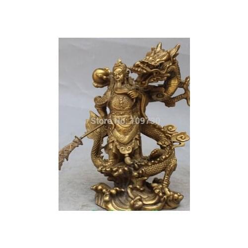 WBY 10"Chinese Fengshui Bronze Guan Gong Yu Warrior God Sword Stand in Dragon Statue