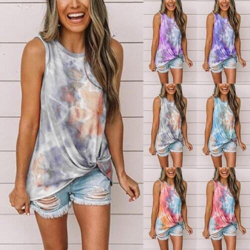 Women Summer Tie Dye Sleeveless Twist Knot Round Neck Casual Blouse Top Vest sleeveless Loose Top Plus Size Clothing
