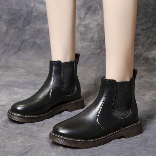 Womens Black Chunky Stitching Martin Boots 2021 Winter Tabi Ankle Boots Fashion Leather Female Round Toe Slip-On British Style