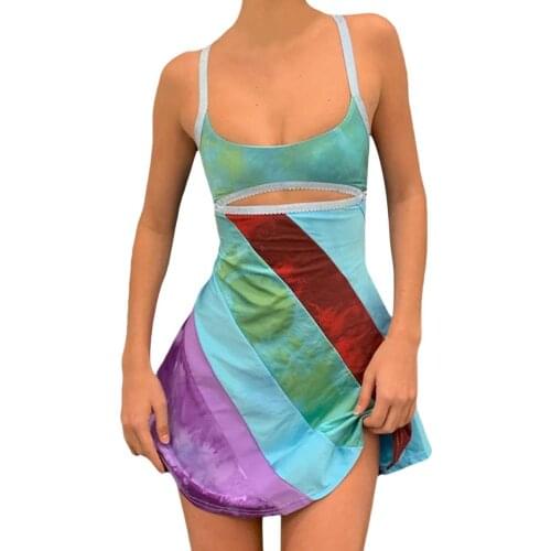 Ladies Y2K Dress Sexy Charming Sleeveless Color Matching Printed Backless Halter Neck Hollow Strappy Suspender Skirt Dress