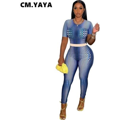 CM.YAYA Women Set Print Short Sleeve O-neck Slim Tops Stretchy Pencil Pants Two 2 Piece Sets Fashion Tracksuit Summer Outfits