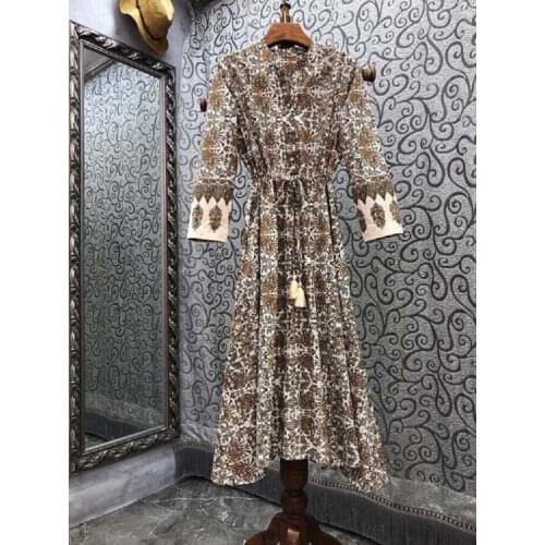 100%Cotton Womens Dress 2021 Autumn Style Ladies Vintage Print Drawstring Waist Long Sleeve Mid-Calf Length Party Casual Dress
