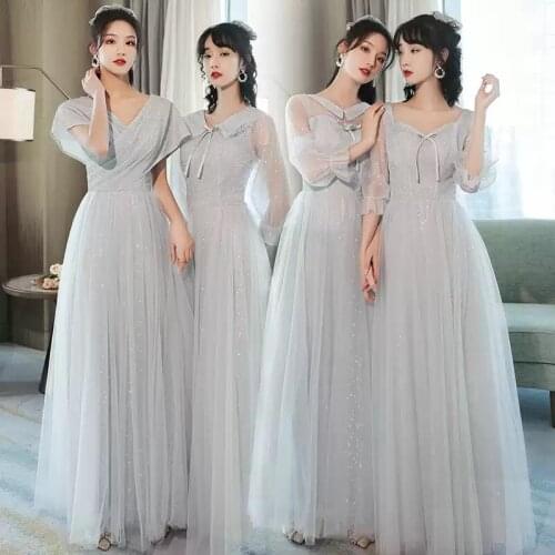 Bridesmaids Dresses Illusion V-Neck A-Line Short Tulle Lace Pleat Luxury Gray Floor-Length Vintage Women Wedding Party Gown E472