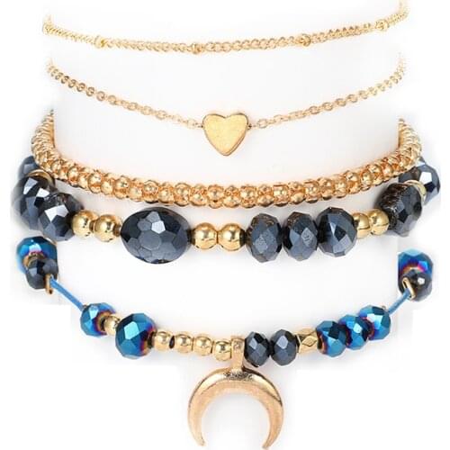 5 Pcs/set Women Fashion Moon Heart Beaded Bracelet Set Boho Bangle Bracelets Jewelry Party Jewelry Gifts