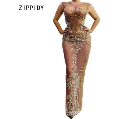 Bling Gold Silver Rhinestones Mesh Sleeveless Long Dress Womens Birthday Celebrate Dress Transparent Singer Prom Dresses