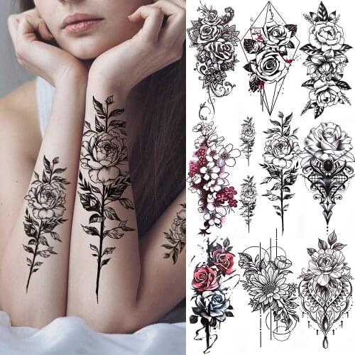 Big Peony Rose Daisy Temporary Tattoo Fake Flower Geometry Fake Tatoo Jewelry Chains Lace Body Art Drawing Women Tattoo