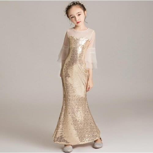 Kids Sequines Gown Girls Princess Mermaid Catwalk Dress Birthday party pageant dress for girls fashion vestidos L50