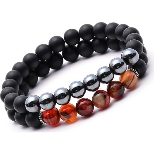 Hot Sale 2pcs/set Tiger Eye Stone Matte Onxy Natural Stone Mixed Beads Double Row Unisex Charms Bangle Bracelet Daily Jewelry