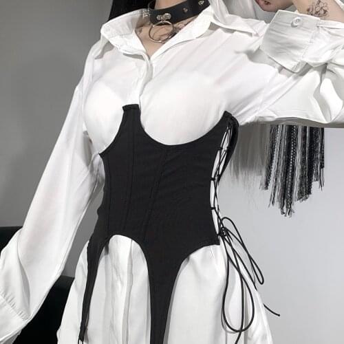 Gothic Black Corset Tops Streetwear Lace Up Slim Wide Belt Harajuku Sexy Solid Hollow Out Corset Bustier