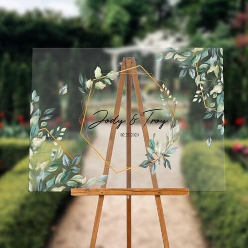 Personalized Wreath Floral Acrylic Wedding Sign,Modern Entrance Welcome Sign,Clear Acrylic Flowers Printed Wedding Board