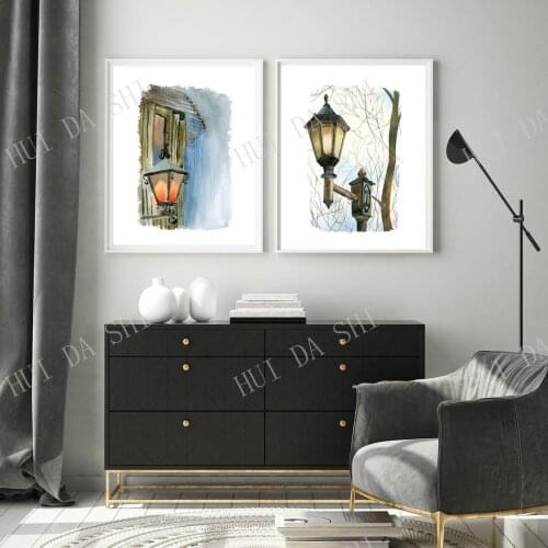 Lantern artwork, Gallery wall Set of 2 wall Fine art print, Urban sketch Rainy day painting, Watercolor old lamp artwork