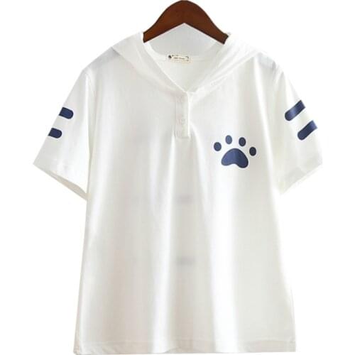 Merry Pretty Kawaii Women T Shirts Hooded Cat Print Cotton Tops Tee Shirt O-Neck Mori girl Style Kawaii Womens Casual White Top