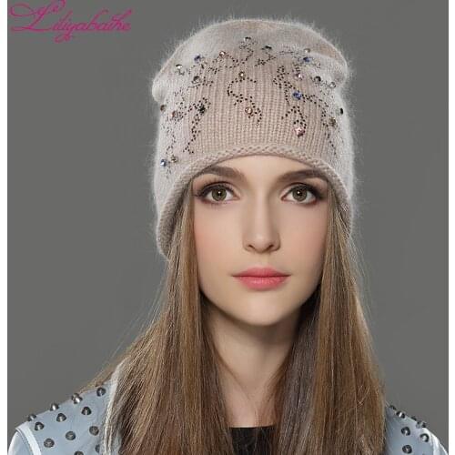 LILIYABAIHE Women Autumn And Winter Hat angora Knitted Skullies Beanies Cap Classic color diamond decoration hats for Girls