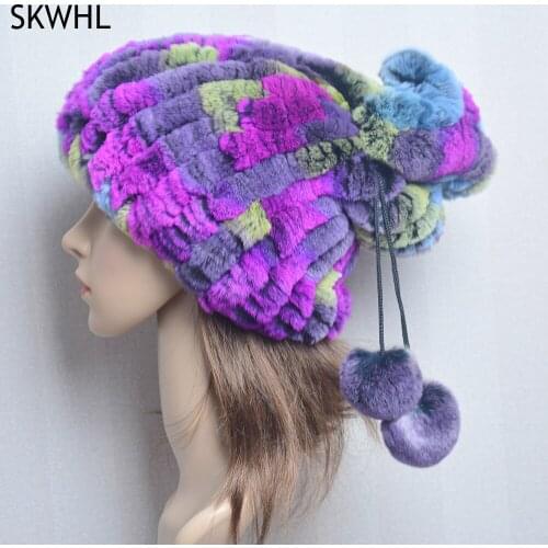 Fur Hats For Women Winter Real Rex Rabbit Hat Natural Fur Knitted Female Warm Snow Caps Luxury Ladies Elegant Princess Beanies