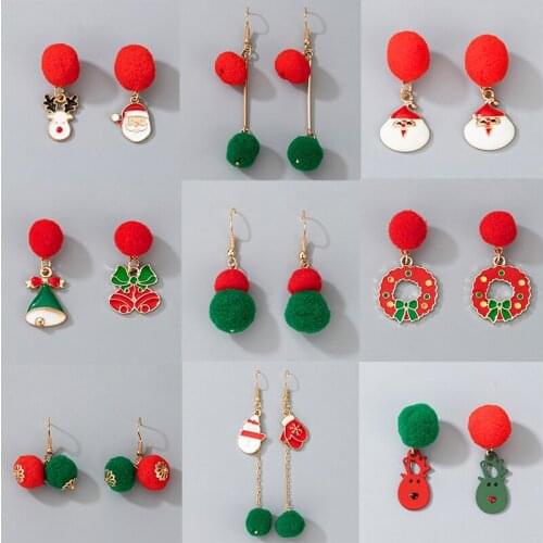 Tocona Fashion Festive PomPom Drop Earrings for Women Christmas Tree Bells Elk Charm Earrings New Year Party Jewelry Gift