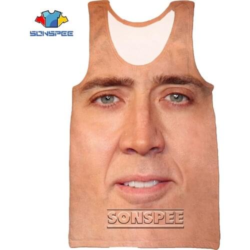 SONSPEE 3D Print Nicolas Cage Face Summer Beach Sea Mens Vest Casual Funny Laughing Bodybuilding Gym Muscle Sleeveless Tank Top