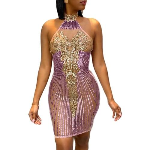 2021 New Womens Fashion Sexy Tight Hip bodycon dress Nightclub wear halter Dresses Backless Sequined slim party Dress purple