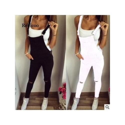 Women New Casual Ragged Pants Ripped Sleeveless Denim Jumpsuit Jeans Overalls Hole Damaged Jeans