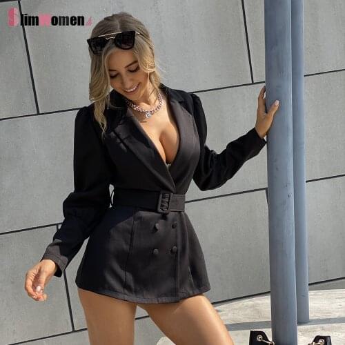 Black Sexy Deep V Neck Full Sleeve Blazer Dress Women Double Breasted Sashes Outerwear Autumn Business Office Lady Blazer Femme
