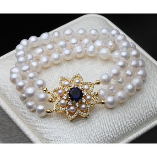 Luxury White Real Natural MultiLayer Round Pearl Bracelet Women,Trendy 3 Rows Bracelet Jewelry Engagement Gift