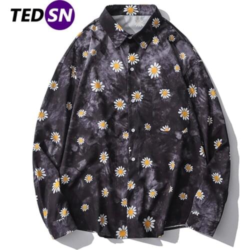 Hip Hop Daisy Print Casual Shirts 2020 Harajuku Streetwear Oversized Shirt Autumn Fashion Loose Cotton Long Sleeve Outwear Black