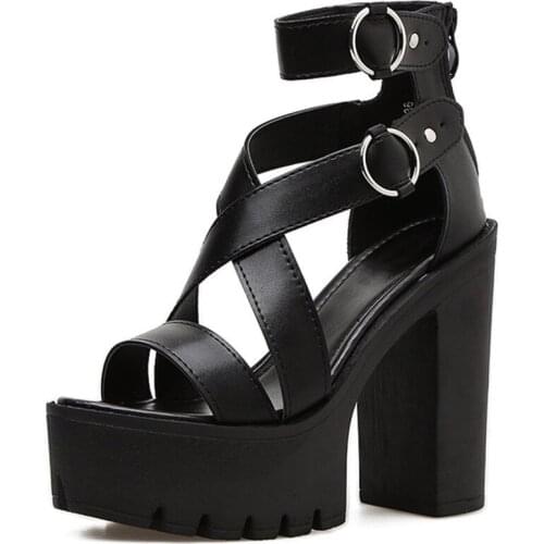 Gothic Platform High Heels Summer Cross Strap Open Toe Sandals Nightclub Thick Heel Hollow Solid Color Punk Street Womens Shoes