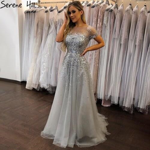 Serene Hill Grey Luxury A-Line Evening Dresses Gowns 2021 Short Sleeves Beading For Women Party LA70976