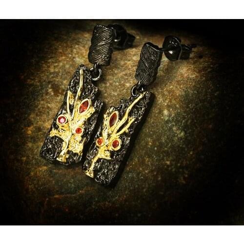 Vintage Female Red Crystal Drop Earrings Charm 14KT Black Gold Wedding Earrings For Women Trendy Tree Long Dangle Earrings