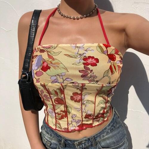 EIFER Printed net yarn fungus side halter neck halter tops